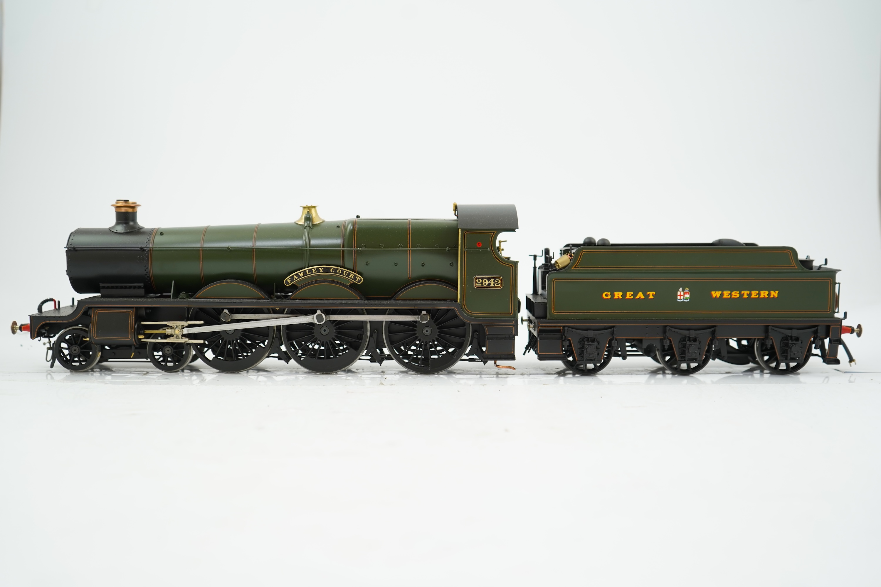 A Gauge One model of GWR Saint Class Fawley Court 2942, 4-6-0 tender locomotive, the model is unpowered, possibly to allow for the detailing between the frames.
